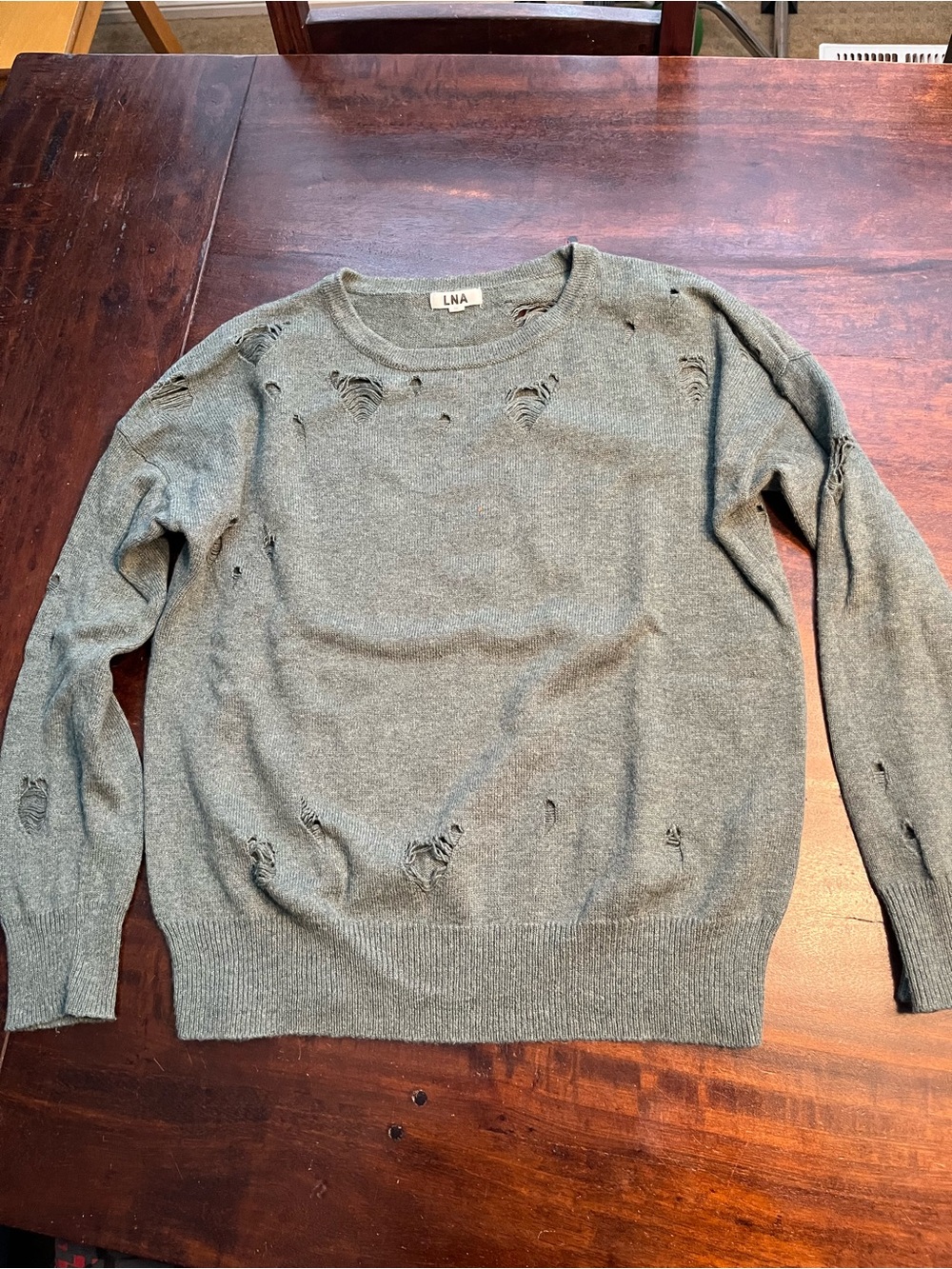 LNA Distressed Crewneck Sweater in Olive Green